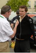 22 May 2013; Peter Hawkins, Team IG Sigma Sport, is interviewed before the start of Stage 4 of the 2013 An Post Rás. Listowel - Glengarriff. Photo by Sportsfile