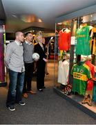 17 May 2013; Tyrone footballer Stephen O'Neill, left, and Kerry footballer Marc O Sé with GAA Museum curator Joanne Clarke at the official unveiling of the newly-refurbished GAA Museum at Croke Park. The final phase of renovation now includes the official GAA Hall of Fame, a modern-day heroes and legends gallery, eight exciting interactive skill zones and dedicated sound booths showcasing clips from the association’s oral history archive. The museum boasts a vast collection of objects that illustrate the development of Gaelic games from ancient times to the present day.  Admission to the GAA Museum and Stadium Tour is priced at €12.00 for an adult, €8.00 for a child under 12, €32.00 for a family, 2 adults & 2 children, and €9.00 for students and senior citizens. For further information visit www.crokepark.ie/gaa-museum or www.facebook.com/CrokePark . GAA Museum, Croke Park, Dublin. Picture credit: Brendan Moran / SPORTSFILE