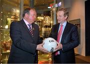 17 May 2013; An Taoiseach Enda Kenny, T.D., and Uachtarán Chumann Lúthchleas Gael Liam Ó Néill at the official unveiling of the newly-refurbished GAA Museum at Croke Park. The final phase of renovation now includes the official GAA Hall of Fame, a modern-day heroes and legends gallery, eight exciting interactive skill zones and dedicated sound booths showcasing clips from the association’s oral history archive. The museum boasts a vast collection of objects that illustrate the development of Gaelic games from ancient times to the present day.  Admission to the GAA Museum and Stadium Tour is priced at €12.00 for an adult, €8.00 for a child under 12, €32.00 for a family, 2 adults & 2 children, and €9.00 for students and senior citizens. For further information visit www.crokepark.ie/gaa-museum or www.facebook.com/CrokePark . GAA Museum, Croke Park, Dublin. Picture credit: Brendan Moran / SPORTSFILE