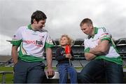 22 May 2013; Pictured at the launch of Newstalk 106-108 fm's coverage schedule of the 2013 GAA All-Ireland Senior Championships Felix Fitzgerald, age 3, from Aughrim, Co. Wicklow, interviewing Tyrone's Sean Cavanagh, left, and Kerry's Tomás Ó Sé. Newstalk sport-veterans, Ger Gilroy and Dave McIntyre, revealed an all-star panel that will join the Newstalk sports team in delivering the best GAA coverage and analysis available on national radio – for the second year running. Among those giving their expert commentary and analysis of the 2013 GAA Football All-Ireland Championship will be recently retired legend Dermot Earley, four time All Star Darragh Ó Sé, Kerry legend John Crowley and Mayo stars Liam McHale and David Brady, to name a few. Joining the team to give their views on the 2013 GAA Hurling All-Ireland Championship will be former Wexford hurler Diarmuid Lyng, Clare star Jamesie O'Connor, Cork's defensive rock Diarmuid O'Sullivan, and Offaly duo Daithí Regan and Johnny Pilkington. Croke Park, Dublin. Picture credit: Brian Lawless / SPORTSFILE