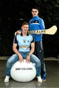 22 May 2013; Dublin footballer Paul Flynn, left, and hurler Danny Sutcliffe in attendance at the launch of the jersey initiative and Pieta House ‘MIND OUR MEN’ campaign into Dublin GAA. The Gibson Hotel, Dublin. Picture credit: David Maher / SPORTSFILE