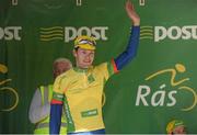 22 May 2013; Winner of the yellow jersey, Marcin Bialoblocki, Britain UK Youth Pro Cycling, celebrates after Stage 4 of the 2013 An Post Rás. Listowel - Glengarriff. Photo by Sportsfile