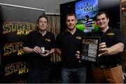 23 May 2013; Rugby star Sean O'Brien with co-founders of iMobile Padraig Shanley, left, and Tommy Kearns, at the launch of the mobile game Street Rugby. Hampton Hotel, Dublin. Picture credit: Brian Lawless / SPORTSFILE