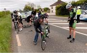 24 May 2013; The scene of an accident before Horse and Jockey, Co. Tipperary, in which riders, from left, Michael Cuming Rapha Condor JLT, Kirill Pozdnyakov, Synergy Baku, Shane Archbold, An Post Chain Reaction, were involved during Stage 6 of the 2013 An Post Rás. Mitchelstown – Carlow. Photo by Sportsfile