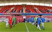 24 May 2013; Limerick captain Joe Gamble and Sligo Rovers captain Gavin Peers lead their teams out for the start of the game. Airtricity League Premier Division, Limerick FC v Sligo Rovers, Thomond Park, Limerick. Picture credit: Diarmuid Greene / SPORTSFILE