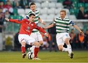24 May 2013; Robert Bayly, Shelbourne, in action against Conor McCormack, right, and Ronan Finn, Shamrock Rovers. Airtricity League Premier Division, Shamrock Rovers v Shelbourne, Tallaght Stadium, Tallaght, Co. Dublin. Picture credit: Brian Lawless / SPORTSFILE