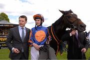25 May 2013; Jockey Joseph O'Brien with his father, trainer Aidan O'Brien, after winning the Tattersalls Irish 2,000 Guineas on Magician. Curragh Racecourse, The Curragh, Co. Kildare. Picture credit: Ray McManus / SPORTSFILE