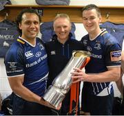 25 May 2013; Departing Leinster head coach Joe Schmidt with departing players Isa Nacewa, left, and Jonathan Sexton following their side's victory. Celtic League Grand Final, Ulster v Leinster, RDS, Ballsbridge, Dublin. Picture credit: Stephen McCarthy / SPORTSFILE