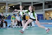 26 May 2013; Rachel Murray and Elsa Dunlop Doyle, back, from Taghmon, Co. Wexford, competing in the Girls U15 Badminton Final. Community Games May Festival 2013, Athlone Institute of Technology, Athlone, Co. Westmeath. Picture credit: Pat Murphy / SPORTSFILE