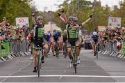26 May 2013; An Post Chain Reaction cyclists, from left, Sam Bennett, Nicholas Vereecken and Shane Archbold cross the finish line in 1st, 2nd, and 3rd place at Skerries after Stage 8 of the 2013 An Post Rás. Naas - Skerries. Photo by Sportsfile