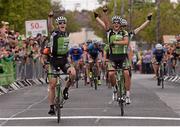 26 May 2013; An Post Chain Reaction cyclists, from left, Sam Bennett, Nicholas Vereecken and Shane Archbold cross the finish line in 1st, 2nd, and 3rd place at Skerries after Stage 8 of the 2013 An Post Rás. Naas - Skerries. Photo by Sportsfile