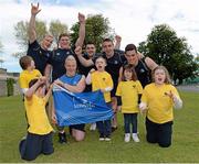 28 May 2013; Members of Bray Lakers, from left, Joshua Spurling, age 11, Adam O'Dwyer, age 9, Ross Brett, age 8, Emma Lande, age 6, and Cliodhna Cullen, age 11, with Leinster Academy players, from left, Conor Gilsenan, Tadhg Furlong, James Tracy, Martin Moore, Jack Conan, and Noel Reid , in attendance as Leinster Rugby announce community partnership with Bray Lakers. UCD, Belfield, Dublin. Picture credit: Brian Lawless / SPORTSFILE