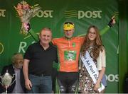 26 May 2013; Stage winner Sam Bennett, An Post Chain Reaction, with Dave Kavanagh from LeasePlan Ireland and Miss An Post Rás, Anna Otto, after Stage 8 of the 2013 An Post Rás. Naas - Skerries. Photo by Sportsfile