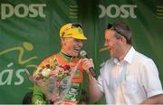 26 May 2013; Stage winner Sam Bennett, An Post Chain Reaction, speaking with MC Cian Lynch, after Stage 8 of the 2013 An Post Rás. Naas - Skerries. Photo by Sportsfile