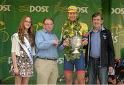 26 May 2013; Yellow jersey winner Marcin Bialoblocki, Britain UK Youth Pro Cycling, with Miss An Post Rás, Anna Otto, Race Director Tony Campbell and Donal Connell, CEO An Post, after Stage 8 of the 2013 An Post Rás. Naas - Skerries. Photo by Sportsfile