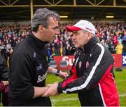26 May 2013; Donegal manager Jim McGuinness with Tyrone manager Mickey Harte after the game. Ulster GAA Football Senior Championship, Quarter-Final, Donegal v Tyrone, MacCumhaill Park, Ballybofey, Co. Donegal. Picture credit: Ray McManus / SPORTSFILE