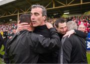 26 May 2013; Donegal manager Jim McGuinness celebrates with fellow officials after the game. Ulster GAA Football Senior Championship, Quarter-Final, Donegal v Tyrone, MacCumhaill Park, Ballybofey, Co. Donegal. Picture credit: Ray McManus / SPORTSFILE