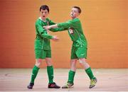 26 May 2013; Stephen Goldrick, Carrick-on-Shannon, Leitrim, right, is congratulated by team-mate Jack Matthews after scoring a goal against Newbridge St. Brigids, Kildare, during the Boys U13 indoor soccer competition. Community Games May Festival 2013, Athlone Institute of Technology, Athlone, Co. Westmeath. Picture credit: Pat Murphy / SPORTSFILE