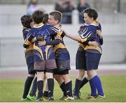 26 May 2013; The Ballinasloe, Co. Galway, team, of Adam McGreal, Shane Fitzpatrick, John Devine, Tom Fitzpatrick, Eoin Colleran, Evan Hayes, Josh Dolan, Cathal O'Hanlon, Luke Feehily, Luke Walsh, Adam Potter, Joseph Carry celebrate at the end of the game after victory over Lurgan, Co. Cavan, in the Mini Rugby mixed U11 competition. Community Games May Festival 2013, Athlone Institute of Technology, Athlone, Co. Westmeath. Picture credit: Pat Murphy / SPORTSFILE