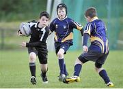 26 May 2013; Tadhg Hagan, Lurgan, Co. Cavan, left, is tackled by Adam Potter, centre, and John Devine, right, Ballinasloe Co. Galway, during the Mini Rugby Mixed U11 competition. Community Games May Festival 2013, Athlone Institute of Technology, Athlone, Co. Westmeath. Picture credit: Pat Murphy / SPORTSFILE