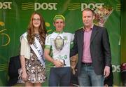 26 May 2013; Under 23 jersey winner Simon Yates, Great Britain National team, with Miss An Post Rás, Anna Otto, and Cllr. Eoghan O'Brien, after Stage 8 of the 2013 An Post Rás. Naas - Skerries. Photo by Sportsfile