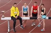 27 May 2013; Pictured are, from left, Irish 400m runner and European Under 23 Silver Medalist Brian Gregan, 100m and 200m Leinster Schools Champion Cliodhna Manning, National Junior record holder at 100m and Leinster Schools Champion Marcus Lawlor, and European 800m Indoor Finalist Ciara Everard, in attendance at the Aviva Schools All-Ireland Track and Field Finals photocall to promote Aviva Schools Athletics. Irishtown Stadium, Ringsend, Dublin. Photo by Sportsfile