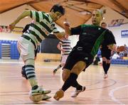 27 May 2013; Sergei Musteata, Shamrock Rovers, in action against Isaias Lima, Eden College. FAI Futsal Cup Final, Shamrock Rovers v Eden College, National Basketball Arena, Tallaght, Dublin. Picture credit: Barry Cregg / SPORTSFILE