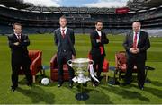 28 May 2013; SuperValu teamed up with its very own Community Dragons; from left, RTE's Marty Morrissey, Denis Glennon, Westmeath, Paul Galvin, Kerry, and Dragon Gavin Duffy, to launch their 2013 GAA All-Ireland Football Championship campaign. SuperValu are calling on communities and clubs all across Ireland to enter the ‘Community Den’ competition in store for a chance to win part of a €25,000 prize fund to benefit your local GAA club. For further information check out supervalu.ie. Croke Park, Dublin. Picture credit: Brian Lawless / SPORTSFILE