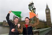 28 May 2013; Republic of Ireland supporters Michael Frawley, left, and Evan Ryan, both from Tipperary Town, Co. Tipperary, outside the Houses of Parliment and Big Ben, in London, ahead of their side's International Friendly against England on Wednesday. London, England. Picture credit: David Maher / SPORTSFILE