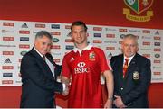 30 April 2013; British and Irish Lions coach Warren Gatland, right, captain Sam Warburton and tour manager Andy Irvine during the 2013 British & Irish Lions team announcement. London Syon Park, Middlesex, London, England. Picture credit: Matthew Impey / SPORTSFILE