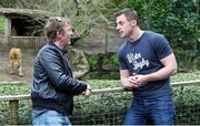 30 April 2013; Ulster's Tommy Bowe is interviewed by Hector O hEochagain after he was announced as a member of the 37 man 2013 British & Irish Lions squad. Belfast Zoo, Belfast, Co. Antrim. Picture credit: John Dickson / SPORTSFILE