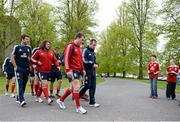 20 May 2013; British & Irish Lions' players, from left, Mike Philips, Adam Jones, Stuart Hogg and assistant coach Rob Howley make their way to the training pitches for squad training ahead of the British & Irish Lions Tour 2013. British & Irish Lions Tour 2013, Training, Carton House, Maynooth, Co. Kildare. Picture credit: Stephen McCarthy / SPORTSFILE