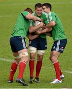29 May 2013; Justin Tipuric, British & Irish Lions, is tackled by team-mates Conor Murray, right, and Dan Lydiate, left, during squad training ahead of their game against Barbarian FC on Saturday. British & Irish Lions Tour 2013, Squad Training, Aberdeen Sports Ground, Hong Kong, China. Picture credit: Stephen McCarthy / SPORTSFILE