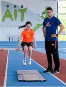 29 May 2013; European Under-23 athletics silver medalist Brian Gregan with Aimee Dunne, aged 10, from Clonsilla, Dublin, at the launch of the Athletics Ireland Fit4Summer. Athlone Institute of Technology Arena, Athlone, Co. Westmeath. Picture credit: Oliver McVeigh / SPORTSFILE