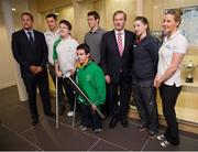 29 May 2013; An Taoiseach Enda Kenny T.D., who officially opened the Irish Sport HQ at the National Sports Campus in Blanchardstown, accompanied by Minister for Transport, Tourism and Sport, Leo Varadkar T.D. who has responsibility for the development of the National Sports Campus. With them at the opening are Barry Murphy, Swimming, Padraic Moran, Paralympics athlete, James Scully, Paralympics athlete, Eoin Rheinisch, Canoeing, Chloe Magee, Badminton, and Bethany Carson, Swimming. The 19 National Governing Bodies (NGBs) of Sport which have moved into the new Irish Sport HQ are, Angling Council of Ireland, Badminton Ireland, Canoeing Ireland, Cerebral Palsy Sport Ireland, Federation of Irish Sport, Gaelic Athletic Association, Gymnastics Ireland, Irish Ice Hockey Association, Irish Judo Association, Irish Olympic Handball Association, Irish Sports Council / Coaching Ireland, Irish Squash, Mountaineering Ireland, Paralympics Ireland, Pitch and Pitt Union of Ireland, Student Sport Ireland, Swim Ireland, Table Tennis Ireland and The Camogie Association. Official Opening of Irish Sport HQ, National Sports Campus, Blanchardstown, Dublin. Picture credit: Ray McManus / SPORTSFILE