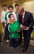 29 May 2013; An Taoiseach Enda Kenny T.D. who officially opened the Irish Sport HQ at the National Sports Campus in Blanchardstown, is photographed with Paralympics athletes Padraic Moran, left, and James Scully. The 19 National Governing Bodies (NGBs) of Sport which have moved into the new Irish Sport HQ are, Angling Council of Ireland, Badminton Ireland, Canoeing Ireland, Cerebral Palsy Sport Ireland, Federation of Irish Sport, Gaelic Athletic Association, Gymnastics Ireland, Irish Ice Hockey Association, Irish Judo Association, Irish Olympic Handball Association, Irish Sports Council / Coaching Ireland, Irish Squash, Mountaineering Ireland, Paralympics Ireland, Pitch and Pitt Union of Ireland, Student Sport Ireland, Swim Ireland, Table Tennis Ireland and The Camogie Association. Official Opening of Irish Sport HQ, National Sports Campus, Blanchardstown, Dublin. Picture credit: Ray McManus / SPORTSFILE