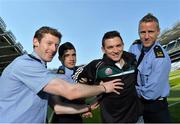 30 May 2013; Senior county footballers, from left, David Clarke, Mayo, Emlyn Mulligan, Leitrim, Eamonn O'Callaghan, Kildare, and Denis Glennon, Westmeath, at Croke Park. WPFG organisers were at GAA headquarters to meet officers representing the Garda, Irish Fire Services, Prison, Customs and Coastguard Services to profile opportunities for competitors and spectators at this year’s World Police and Fire Games. The Games, a biennial event for serving and retired police, fire, prison and border security officers will take place in Northern Ireland from 1st-10th of August. Visit www.2013wpfg.com for more information. Croke Park, Dublin. Picture credit: Brian Lawless / SPORTSFILE