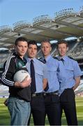 30 May 2013 Senior county footballers, from left, Eamonn O'Callaghan, Kildare, Emlyn Mulligan, Leitrim, Denis Glennon, Westmeath, and David Clarke, Mayo, at Croke Park. WPFG organisers were at GAA headquarters to meet officers representing the Garda, Irish Fire Services, Prison, Customs and Coastguard Services to profile opportunities for competitors and spectators at this year’s World Police and Fire Games. The Games, a biennial event for serving and retired police, fire, prison and border security officers will take place in Northern Ireland from 1st-10th of August. Visit www.2013wpfg.com for more information. Croke Park, Dublin. Picture credit: Brian Lawless / SPORTSFILE