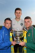 30 May 2013; Republic of Ireland International Shane Long, with Dean Gibbons, left, Kilbarrack United, and Lee Murphy, Sheriff YC, in attendance at a captains photocall in advance of the FAI Junior Cup Final, in association with Umbro and Aviva, which takes place in the Aviva Stadium on Sunday 2nd June. Gannon Park, Malahide, Co. Dublin. Picture credit: David Maher / SPORTSFILE