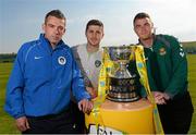 30 May 2013; Republic of Ireland International Shane Long, with Dean Gibbons, left, Kilbarrack United, and Lee Murphy, Sheriff YC, in attendance at a captains photocall in advance of the FAI Junior Cup Final, in association with Umbro and Aviva, which takes place in the Aviva Stadium on Sunday 2nd June. Gannon Park, Malahide, Co. Dublin. Picture credit: David Maher / SPORTSFILE