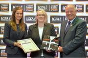 30 May 2013; Carol Manning, Roscommon, is presented her certificate by Lynn Moynihan, left, Local Marketing Manager, TESCO Ireland, and Pat Quill, President of the Ladies Football Association, after being selected on the Tesco HomeGrown NFL Division 4 team of the year. 2013 TESCO HomeGrown Ladies National Football Team of the League Presentations. Croke Park, Dublin. Picture credit: Barry Cregg / SPORTSFILE