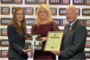 30 May 2013; Bernie Breen, Kerry, is presented her certificate by Lynn Moynihan, left, Local Marketing Manager, TESCO Ireland, and Pat Quill, President of the Ladies Football Association, after being selected on the Tesco HomeGrown NFL Division 2 team of the year. 2013 TESCO HomeGrown Ladies National Football Team of the League Presentations. Croke Park, Dublin. Picture credit: Barry Cregg / SPORTSFILE