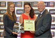 30 May 2013; Christina Reilly, Monaghan, is presented her certificate by Lynn Moynihan, left, Local Marketing Manager, TESCO Ireland, and Pat Quill, President of the Ladies Football Association, after being selected on the Tesco HomeGrown NFL Division 1 team of the year. 2013 TESCO HomeGrown Ladies National Football Team of the League Presentations. Croke Park, Dublin. Picture credit: Barry Cregg / SPORTSFILE