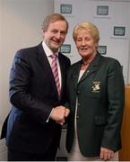29 May 2013; An Taoiseach Enda Kenny T.D. officially opened the Irish Sport HQ at the National Sports Campus in Blanchardstown. He was accompanied by Minister for Transport, Tourism and Sport, Leo Varadkar T.D. who has responsibility for the development of the National Sports Campus. With An Taoiseach is Badminton Ireland President Breda Connolly. The 19 National Governing Bodies (NGBs) of Sport which have moved into the new Irish Sport HQ are, Angling Council of Ireland, Badminton Ireland, Canoeing Ireland, Cerebral Palsy Sport Ireland, Federation of Irish Sport, Gaelic Athletic Association, Gymnastics Ireland, Irish Ice Hockey Association, Irish Judo Association, Irish Olympic Handball Association, Irish Sports Council / Coaching Ireland, Irish Squash, Mountaineering Ireland, Paralympics Ireland, Pitch and Pitt Union of Ireland, Student Sport Ireland, Swim Ireland, Table Tennis Ireland and The Camogie Association. Official Opening of Irish Sport HQ, National Sports Campus, Blanchardstown, Dublin. Picture credit: Ray McManus / SPORTSFILE