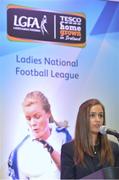 30 May 2013; Lynn Moynihan, Local Marketing Manager, TESCO Ireland, speaking at the 2013 TESCO HomeGrown Ladies National Football Team of the League Presentations. Croke Park, Dublin. Picture credit: Barry Cregg / SPORTSFILE
