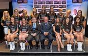 30 May 2013; The TESCO HomeGrown NFL Division 3 Team of the League 2013, back row, from left, Mairead Moore, Longford, Fionnuala McKenna, Armagh, Sinead McCleary, Armagh, Roisin Colleary, Sligo, Aine Tighe, Leitrim, Clara Fitzpatrick, Down, Claire Carroll, Tipperary, Emma Joyce, Down, and Maire Brady, Longford. Front row, from left, Mairead Stenson, Leitrim, Maeve Quill, Wexford, Eoin Brannigan, Sports Editor, Irish Daily Star, Pat Quill, President of the Ladies Football Association, Lynn Moynihan, Local Marketing Manager, TESCO Ireland, Lucy Mulhall, Wicklow, and Mairead Morrissey, Tipperary. 2013 TESCO HomeGrown Ladies National Football Team of the League Presentations. Croke Park, Dublin. Picture credit: Barry Cregg / SPORTSFILE