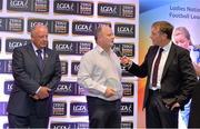 30 May 2013; TESCO HomeGrown NFL Manager of the Month Benjy Ward, Down, is interviewed by master of ceremonies and TG4 presenter Micheal O'Domhnail, right, while Pat Quill, President of the Ladies Football Association, left, looks on. 2013 TESCO HomeGrown Ladies National Football Team of the League Presentations. Croke Park, Dublin. Picture credit: Barry Cregg / SPORTSFILE