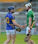 31 May 2013; Jason Forde, Tipperary, and Robbie Egan, Limerick, exchange a handshake after the game. Bord Gais Energy Munster GAA Under 21 Hurling Championship, Quarter-Final, Tipperary v Limerick, Semple Stadium, Thurles, Co. Tipperary. Picture credit: Diarmuid Greene / SPORTSFILE