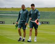 1 June 2013; Republic of Ireland's Jonathan Walters, left, and Sean St. Ledger sfter squad training ahead of their Three International Friendly against Georgia on Sunday. Republic of Ireland Squad Training, Gannon Park, Malahide, Co. Dublin. Picture credit: Oliver McVeigh / SPORTSFILE