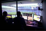 1 June 2013; Laurence Upshon, Hawk-Eye Innovations, and Chairman of the National Referees Committee Pat McEnaney keep an eye on the game from the 'Hawk-Eye' control room in the stand. Leinster GAA Football Senior Championship Quarter-Final, Dublin v Westmeath, Croke Park, Dublin. Picture credit: Ray McManus / SPORTSFILE